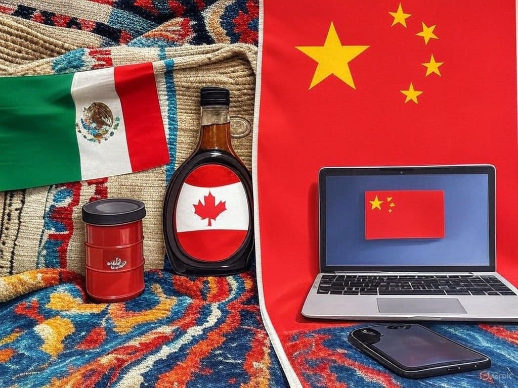 Split‑panel infographic showing 25% tariffs on Mexican blankets, 25%/10% on Canadian maple syrup and oil, and 10% on Chinese electronics
