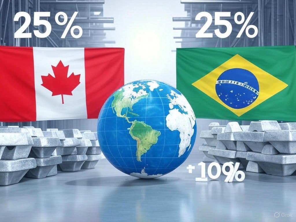 Split-panel graphic showing 25% steel/aluminum tariffs on Canada, expanded to all countries, plus a 10% reciprocal tariff icon.
