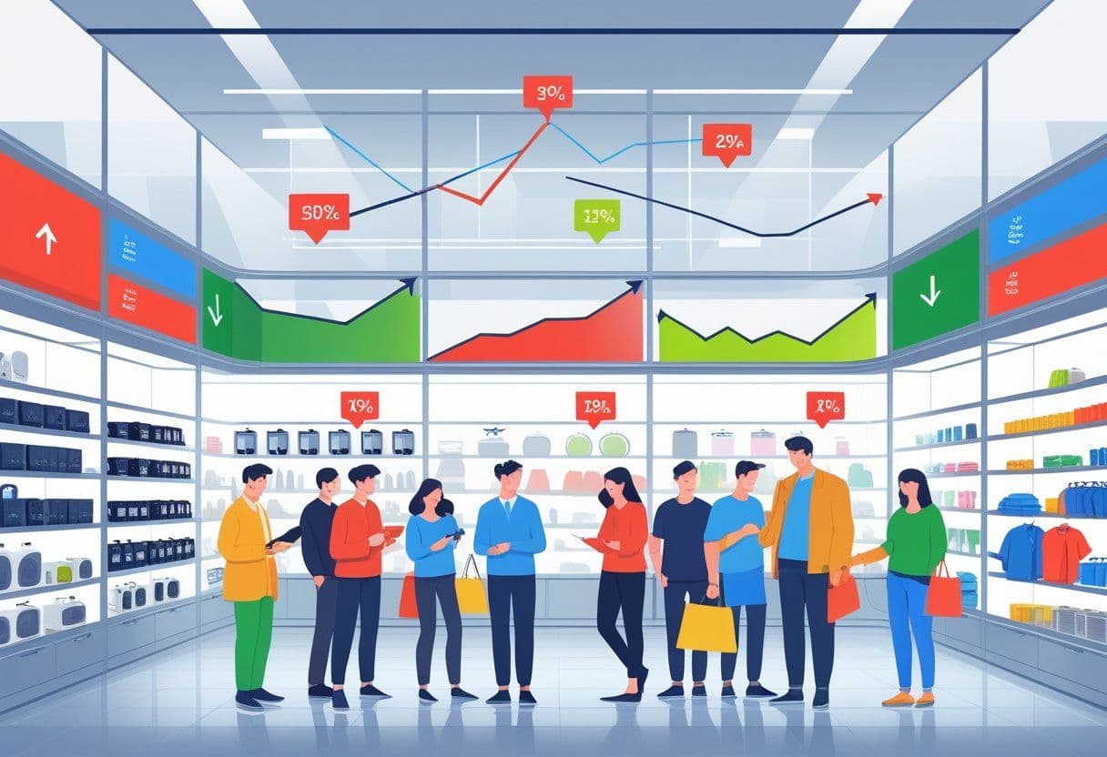 A retail store with shoppers looking at products in different sections like electronics, clothing, and outdoor goods, with visual indicators showing price changes and sales trends.
