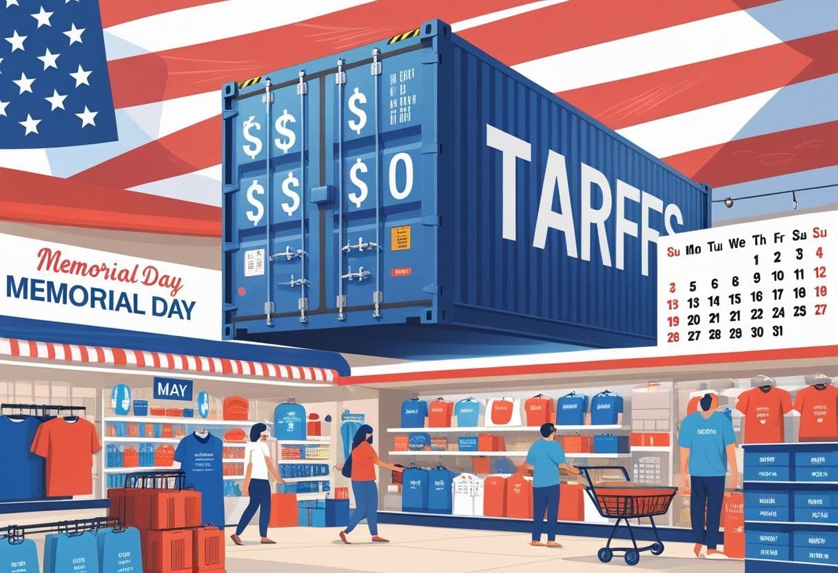 Shoppers buying Memorial Day products in a store with a transparent shipping container and tariff symbols overlay, showing the effect of tariffs on sales.