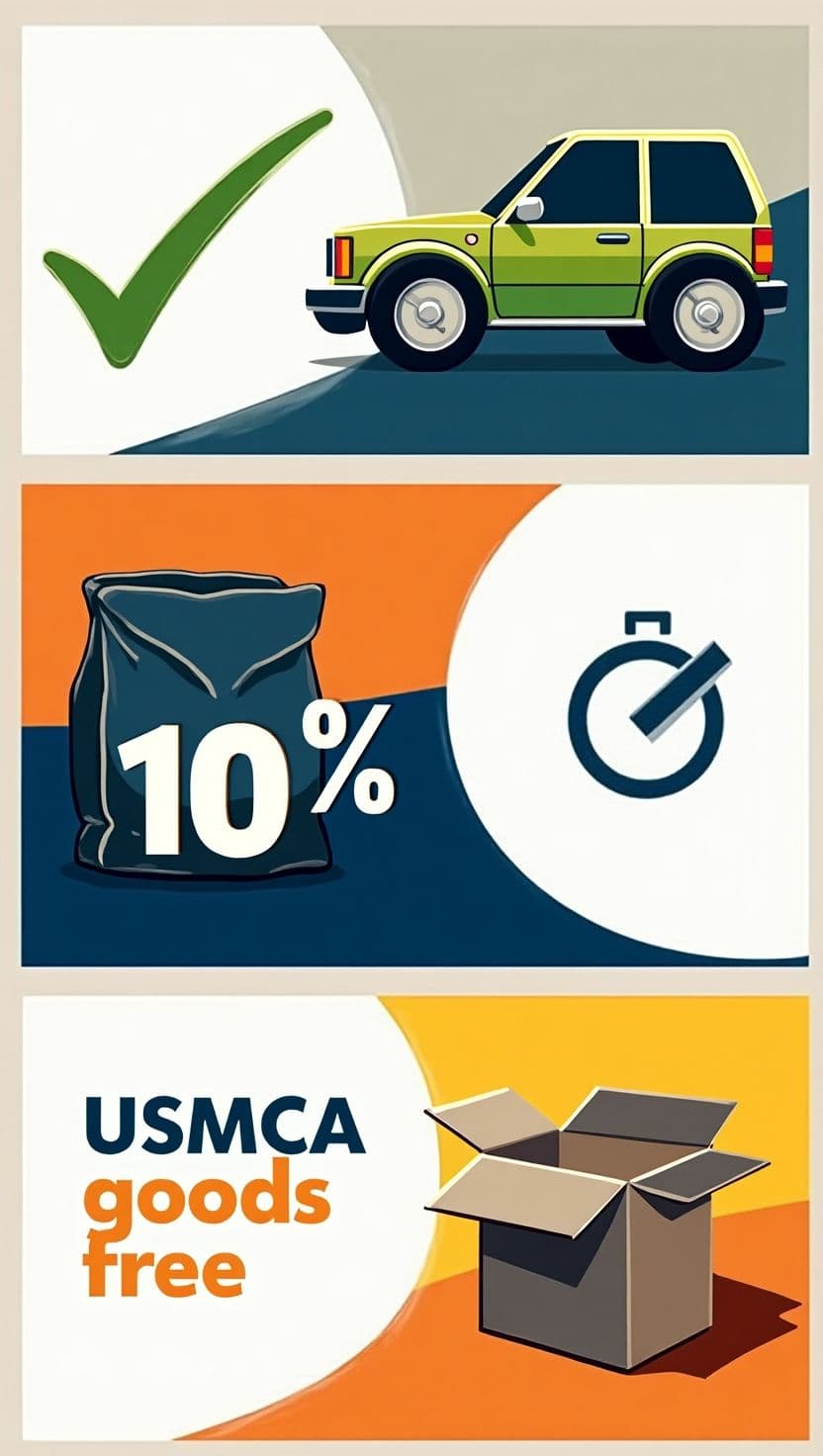 Graphic showing car exemption until April 2, potash at 10%, and USMCA goods free from tariffs.