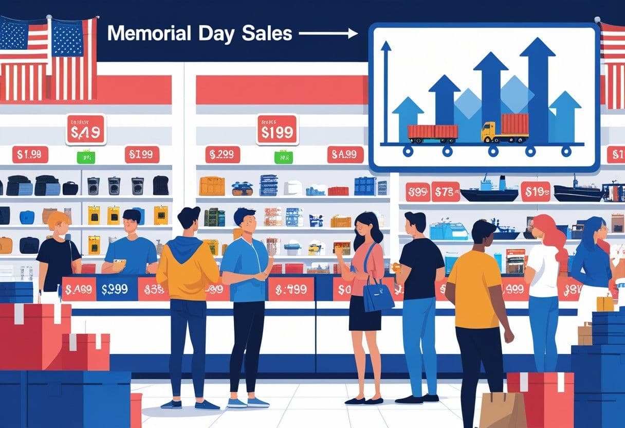 Shoppers browsing a retail store with price tags showing changes, patriotic decorations, and symbols of tariffs like shipping containers and an upward arrow.