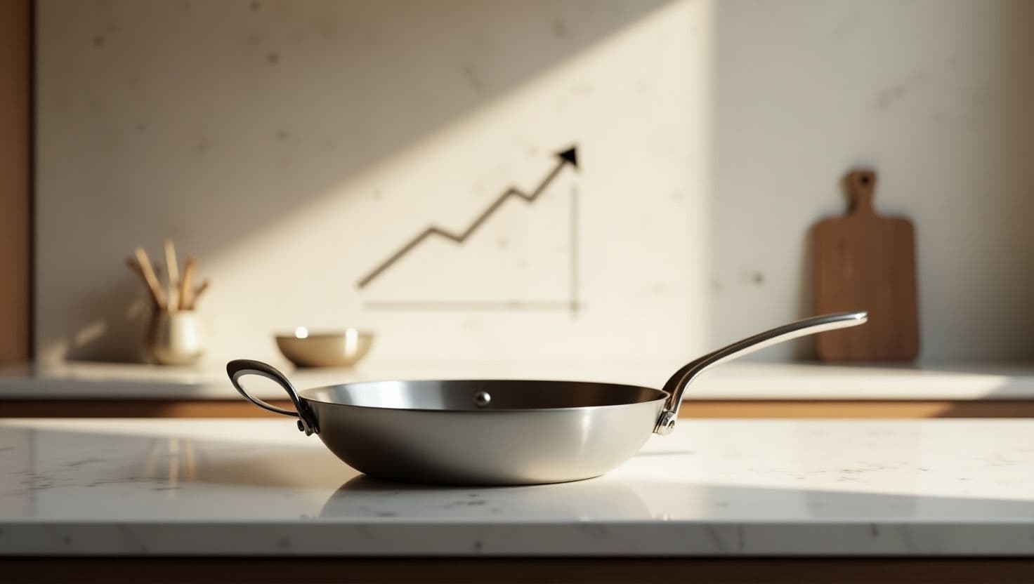 Stainless steel skillet with upward arrow indicating price increase