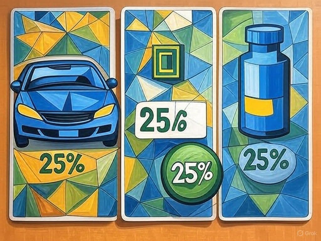 Split-panel showing 25% tariffs on cars, microchips, and pharmaceuticals