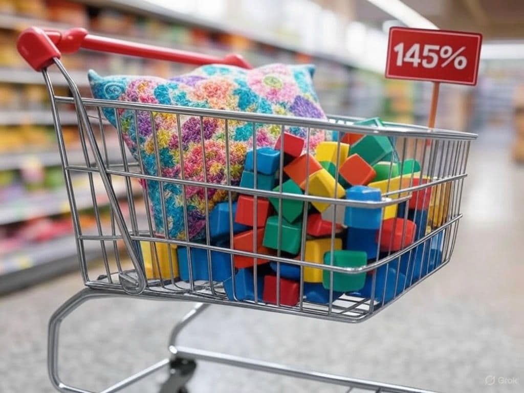 A shopping cart overflowing with a smartphone, toy blocks, and a decorative pillow, with a floating red ‘145%’ badge