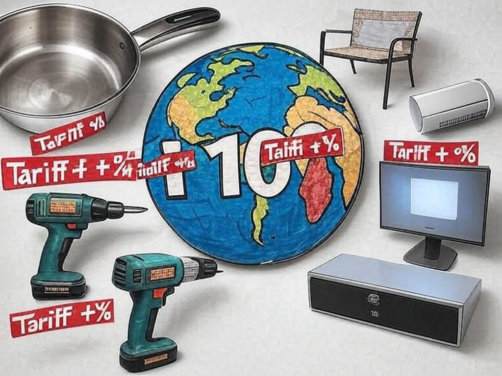 Collage of cookware, patio furniture, drill, and smart-home light with ‘Tariff +%’ overlay.