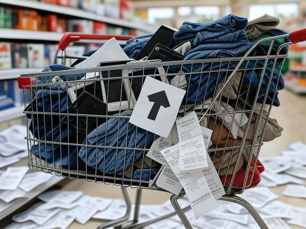 Shopping cart with electronics and clothing showing rising prices